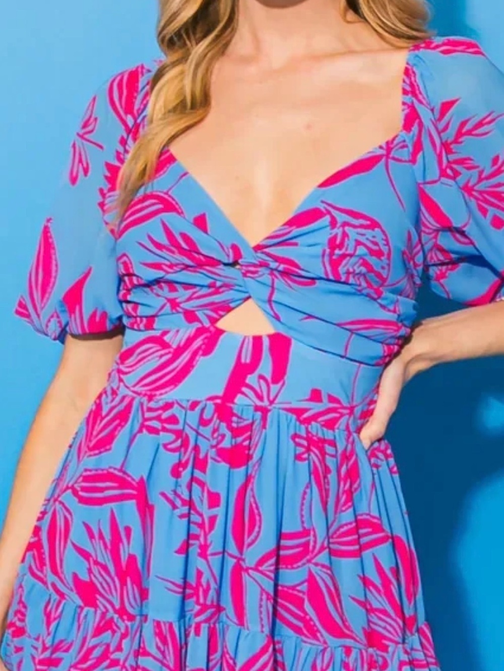 Twist-Front One-Piece Dress in Bright Blue and Hot Pink